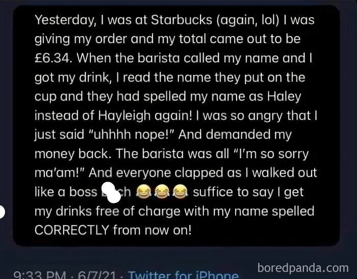 A screenshot of a person lying about a Starbucks incident where they got busted for lying in a hilarious way.