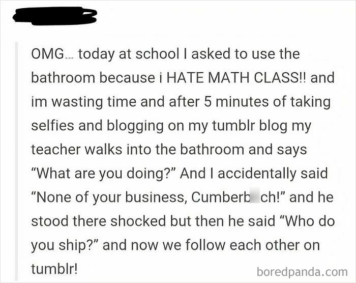 A screenshot of someone's social media post about people busted for lying, recounting a humorous school bathroom incident.