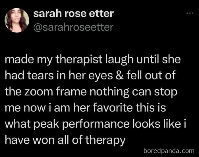 Hilariously embarrassing screenshots display a tweet about making a therapist laugh, ironically busted for lying about 'winning therapy'.