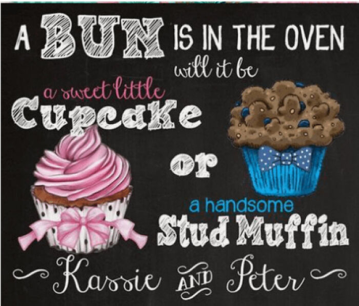 Chalkboard art for a Gender Reveal with cupcakes and stud muffins, sparking judgment for parents.