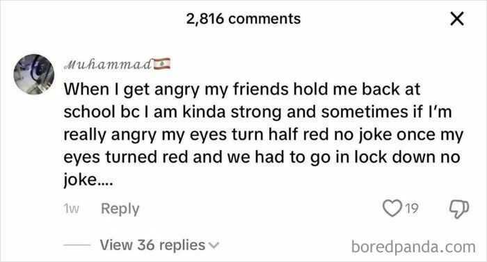 A hilariously embarrassing screenshot of a comment from Muhammad about his eyes turning red when angry.