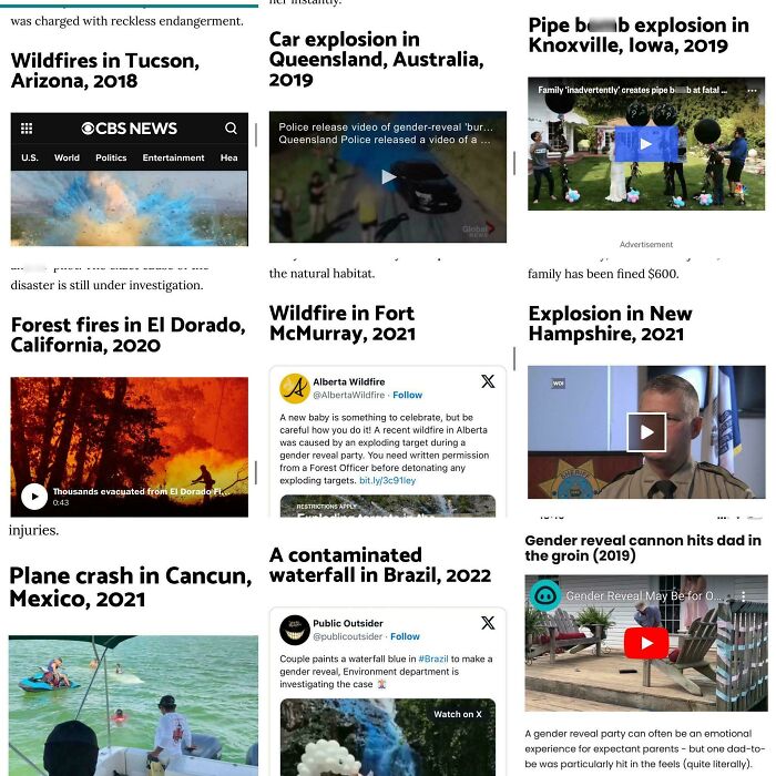 A collage of news headlines about dangerous gender reveal moments, including wildfires, explosions, and environmental contamination.
