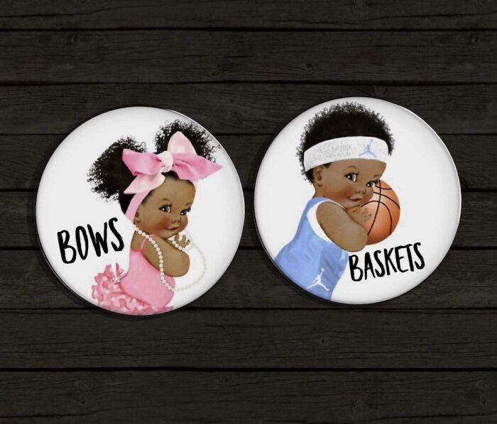 Two round gender reveal signs, one for 'Bows' with a baby girl illustration, and one for 'Baskets' with a baby boy playing basketball.