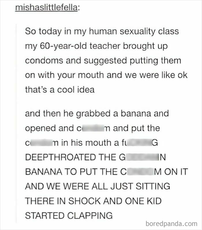 A hilariously embarrassing screenshot: teacher demonstrates c****m use with a banana, shocking students.