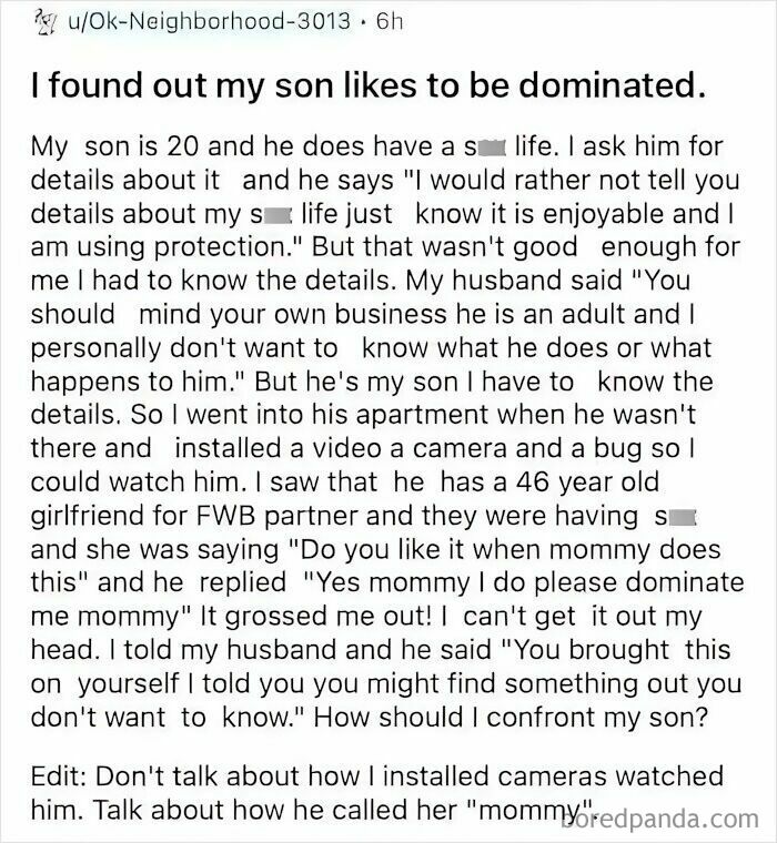 A screenshot revealing someone busted for lying about their son's private life, installing cameras to spy on him.