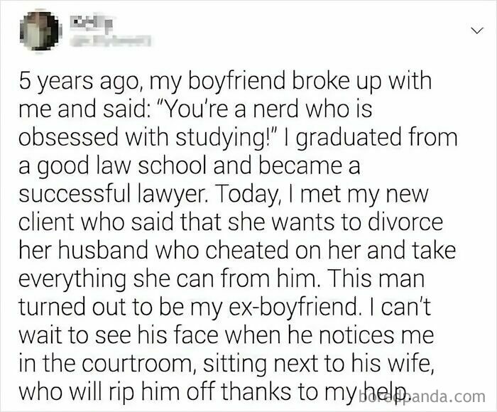 A social media post about a lawyer's ex-boyfriend becoming her client's husband, highlighting people busted for lying in a humorous way.