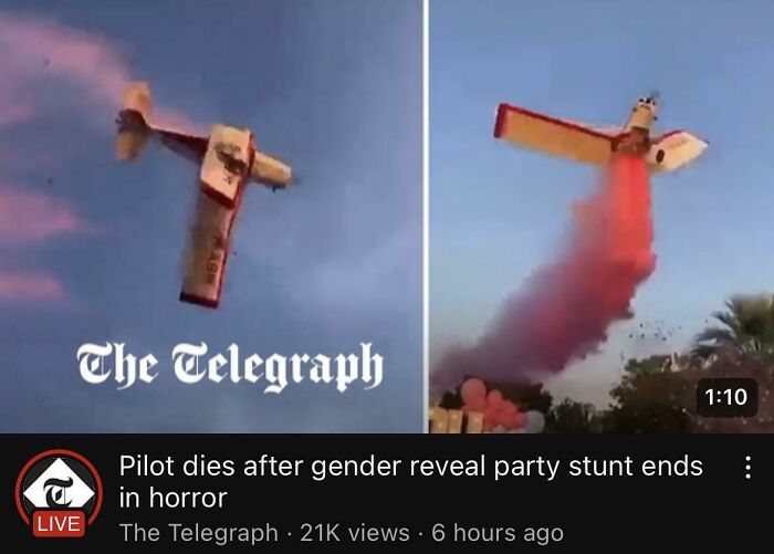 Screenshot of a news report about a pilot dying after a gender reveal party stunt. Pink smoke from plane.