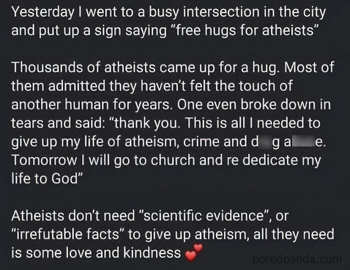 A screenshot where someone got busted for lying about giving free hugs to atheists who then converted to God.