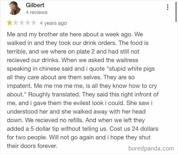 A hilariously embarrassing screenshot of a restaurant review where the customer alleges being insulted and overcharged.