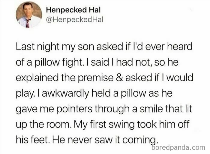 A hilariously embarrassing screenshot of a man getting busted for lying about pillow fights.