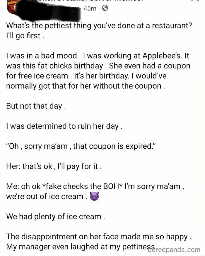 A screenshot details an employee's petty actions at a restaurant, busted for lying about ice cream availability.