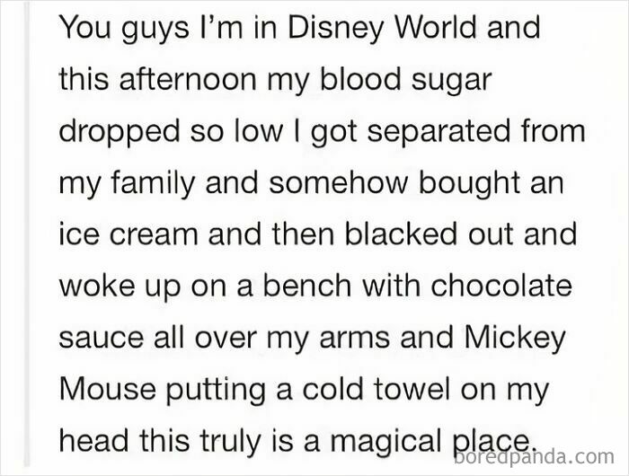 A hilariously embarrassing screenshot of a story about being in Disney World and having low blood sugar.