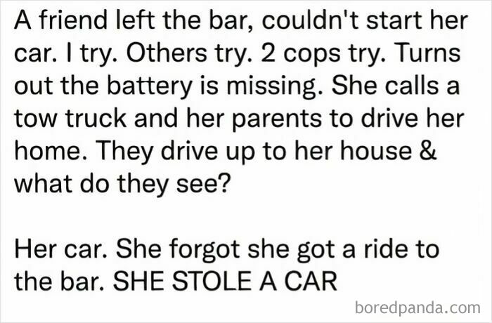 A screenshot reveals an embarrassing situation where someone was busted for lying about stealing a car.
