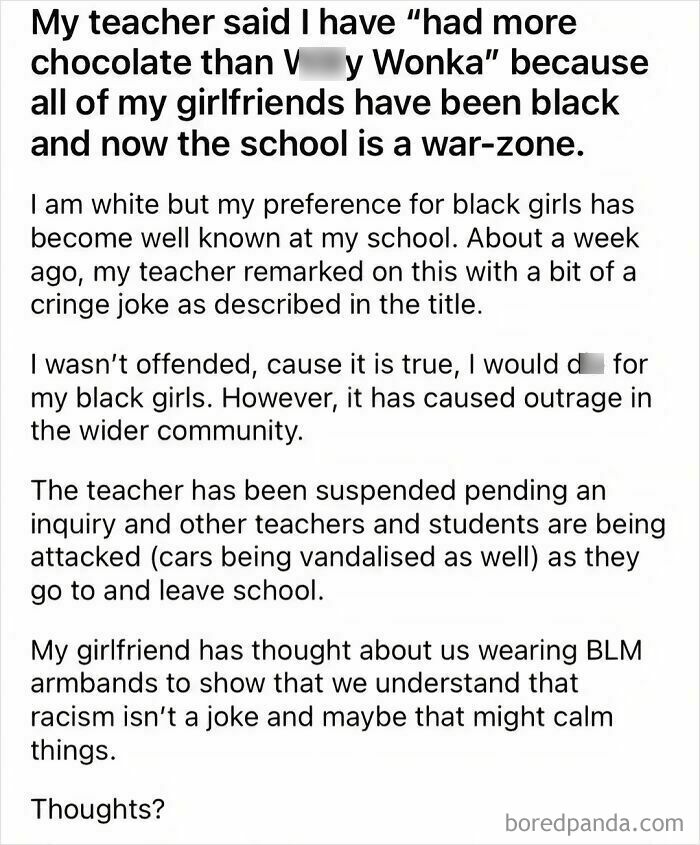 A screenshot shows someone's story about being busted for lying about a teacher's comment on their dating preferences.