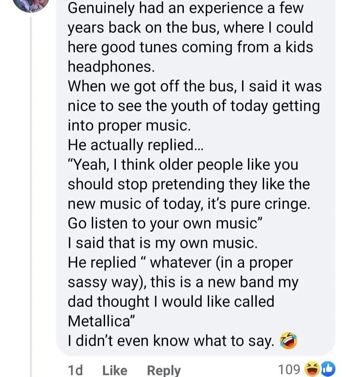 A social media post recounting an embarrassing bus conversation about music with a kid, an example of people busted for lying.