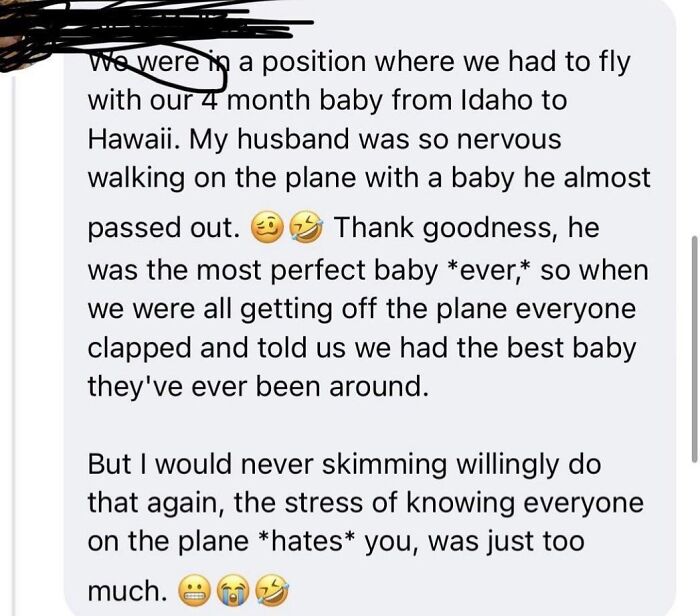 Hilariously embarrassing screenshot of someone lying about flying with a baby from Idaho to Hawaii, almost passing out.
