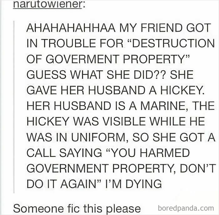 Hilariously embarrassing screenshot of someone lying about a hickey being destruction of government property.