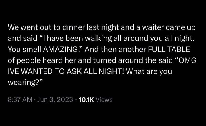 Hilariously embarrassing screenshot of someone lying about a waiter complimenting their smell at dinner.