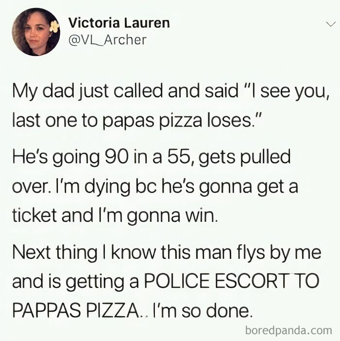 A social media post from Victoria Lauren about her dad speeding to get pizza and getting a police escort, an embarrassing screenshot.