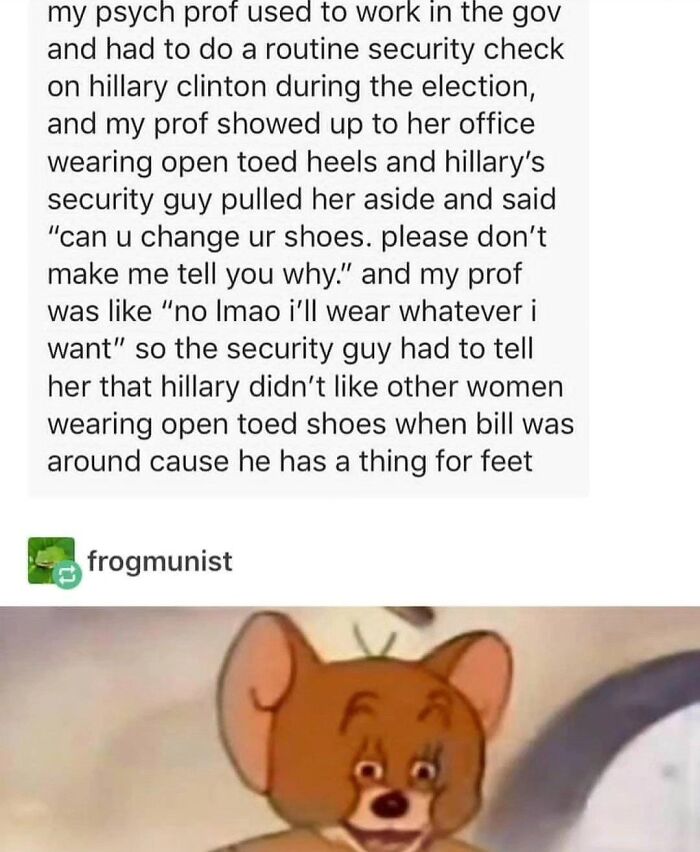 A hilariously embarrassing screenshot of a Jerry meme reacting to a story about Hillary Clinton and open-toed shoes, busted for lying.