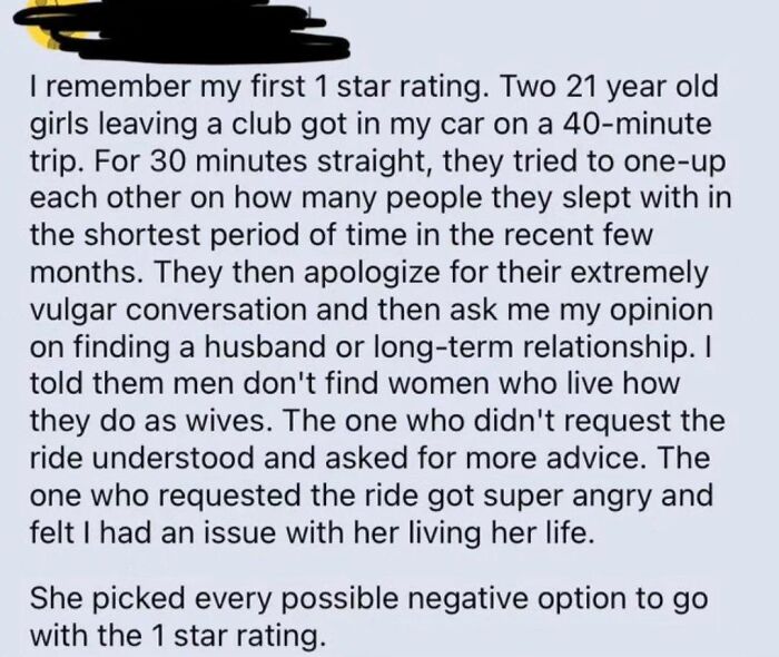 A screenshot showing a driver's account of people lying in hilariously embarrassing situations regarding a 1-star rating.