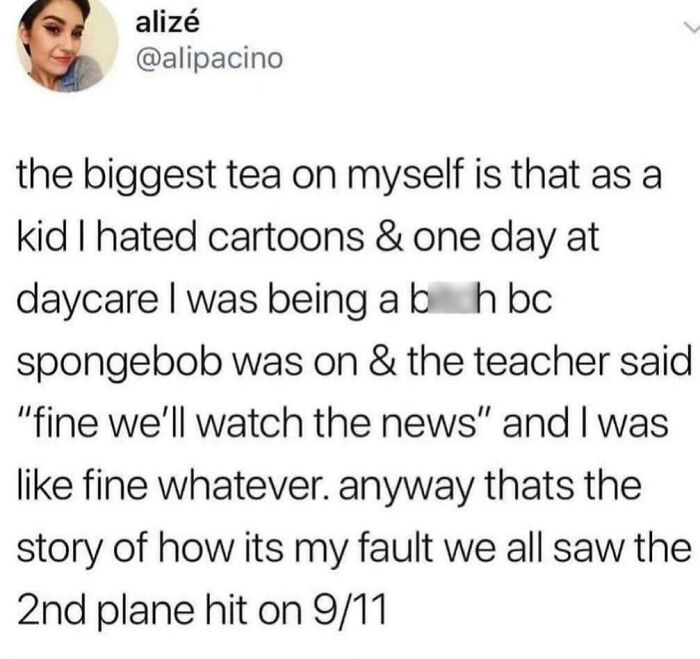 A hilariously embarrassing screenshot of a person's childhood story leading to everyone seeing 9/11 on TV.