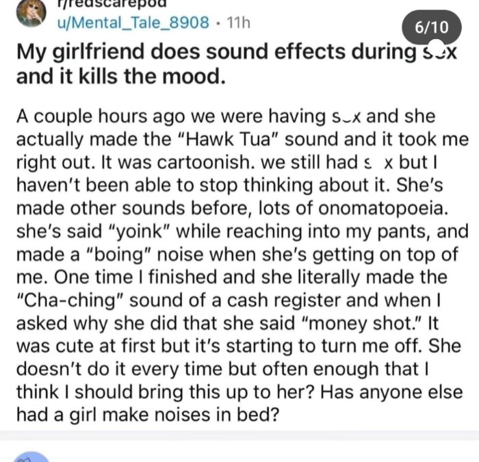 A screenshot of a Reddit post where someone got busted for lying about their girlfriend making sound effects during intimacy.