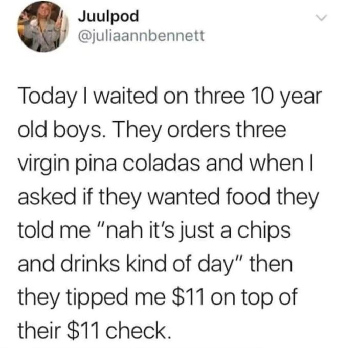 A Twitter screenshot of Juulpod sharing an embarrassing story about 10-year-olds who got busted for lying about their meal.