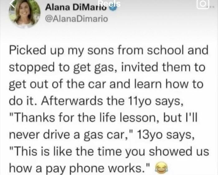 A hilariously embarrassing screenshot of a tweet from Alana DiMario about her sons reaction to learning about gas cars.