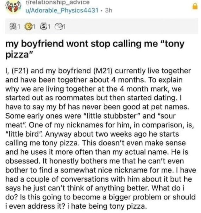 A screenshot of a Reddit post where a person got busted for lying about their boyfriend's annoying nickname, Tony Pizza.