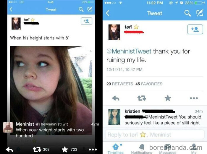 Screenshots of tweets discussing dating standards based on height, with a maninist tweet about weight.