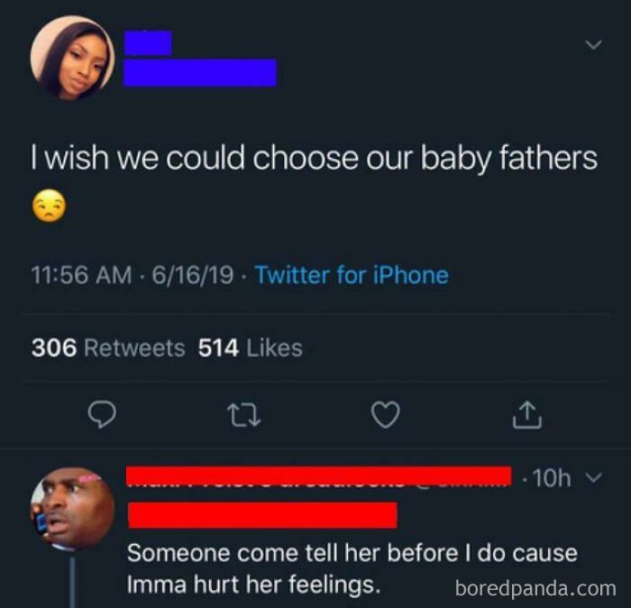 A tweet from a woman expressing a wish to choose her baby fathers, sparking a reply about hurting feelings.