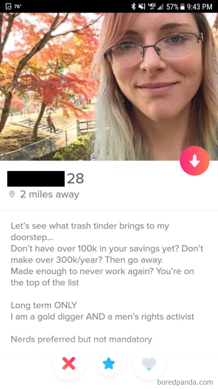 A screenshot of a dating app profile displaying a woman's extremely high dating standards and preferences.