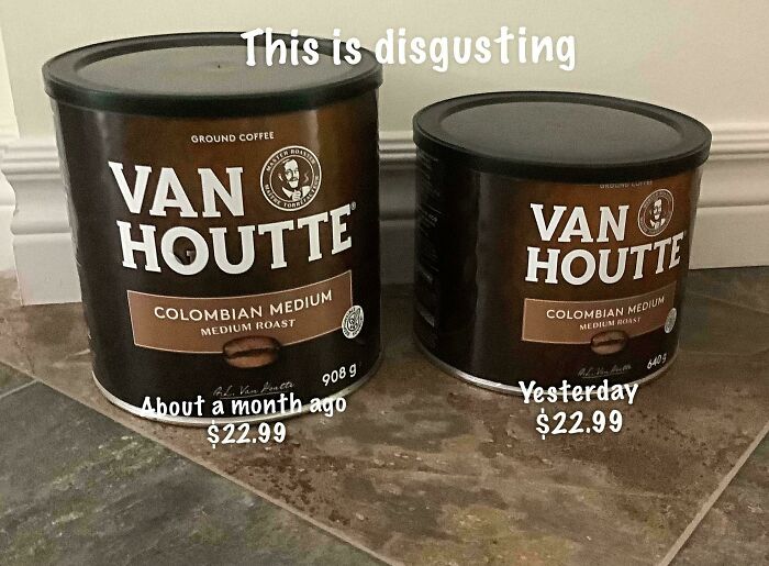 Two coffee cans, one larger (908g) and one smaller (640g), both priced at $22.99, demonstrating infuriating marketing practices.