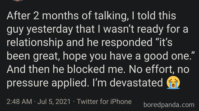 A tweet about dating standards, where a woman describes a man blocking her after she said she wasn't ready for a relationship.