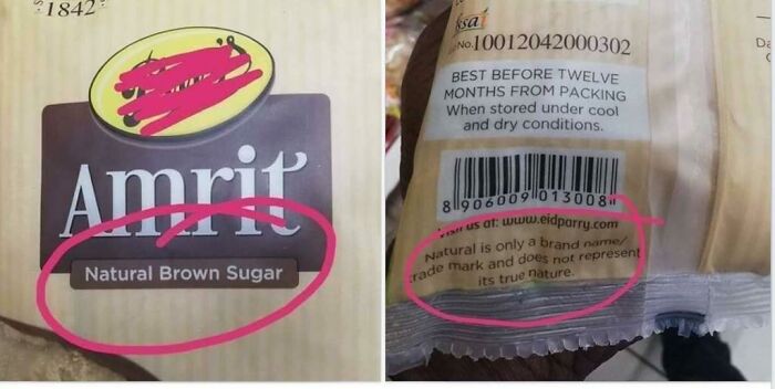 Marketing practices for Amrit Natural Brown Sugar, with a disclaimer stating 'Natural' is just a brand name, infuriating people.