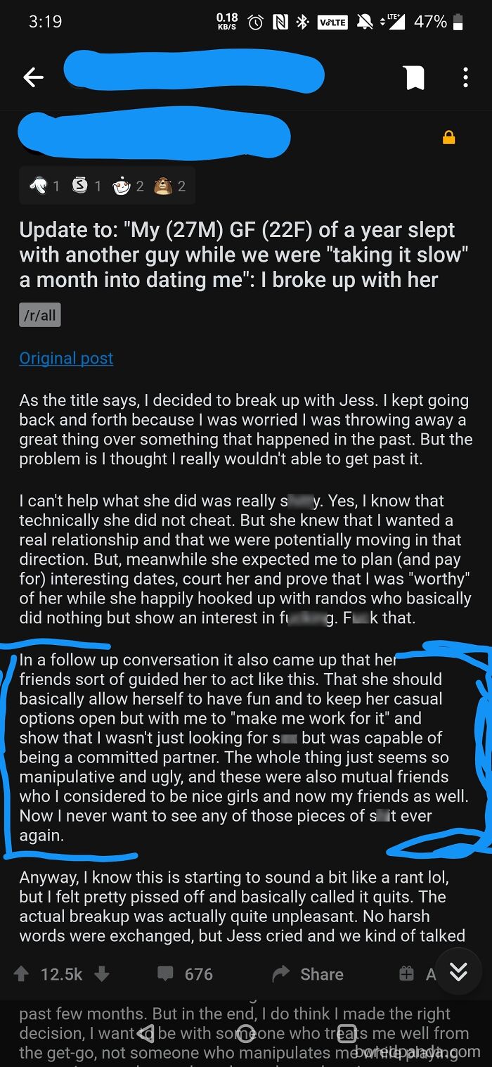 A Reddit post about dating standards, where a man shares his girlfriend's manipulative behavior after she cheated.