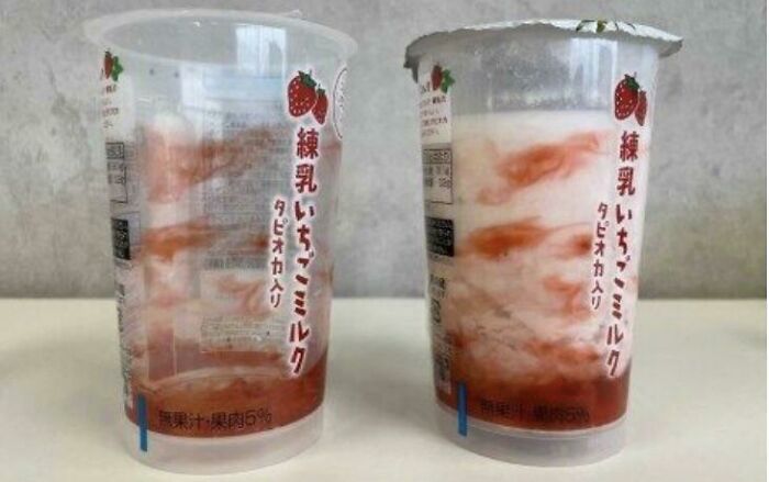 Marketing practices show two nearly empty cups of strawberry milk, suggesting misleading volume, infuriating people.