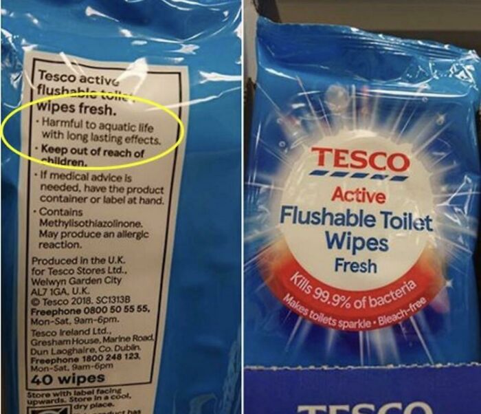 A product label highlighting harmful marketing practices and environmental impact concerns of flushable toilet wipes.