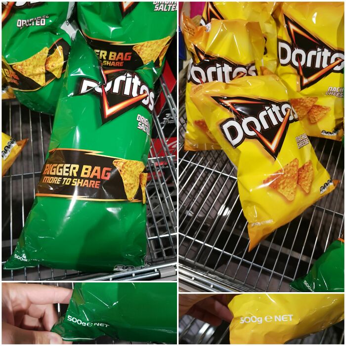 Marketing practices show Doritos chip bags in green and yellow, revealing different quantities to infuriate people.