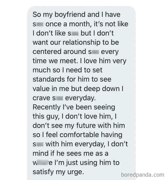A text message about dating standards, where a woman discusses her relationship and s****l desires.
