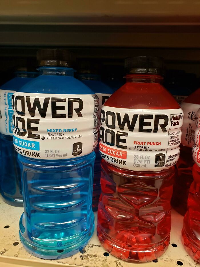 Powerade bottles, a blue Mixed Berry and a red Fruit Punch, exemplify marketing practices that infuriated consumers.