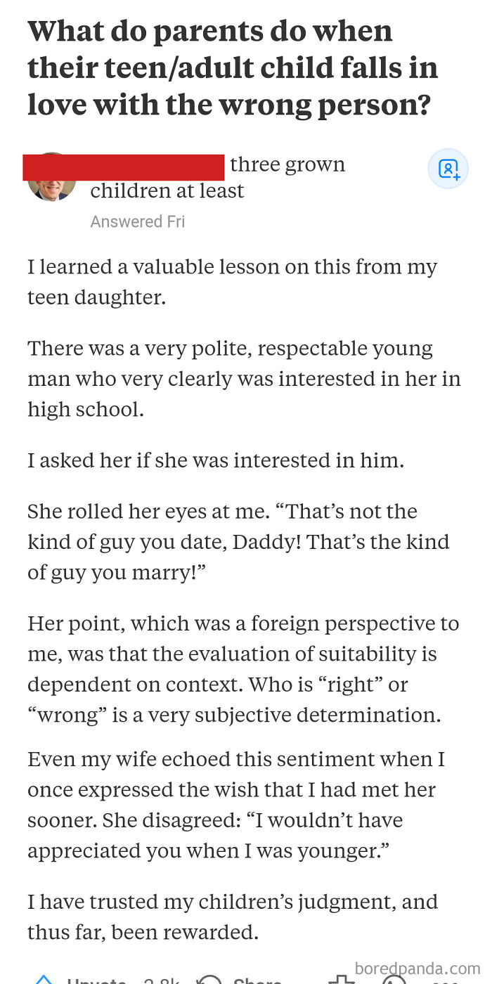 A screenshot of a forum post where a parent reflects on dating standards and a daughter's preferences.