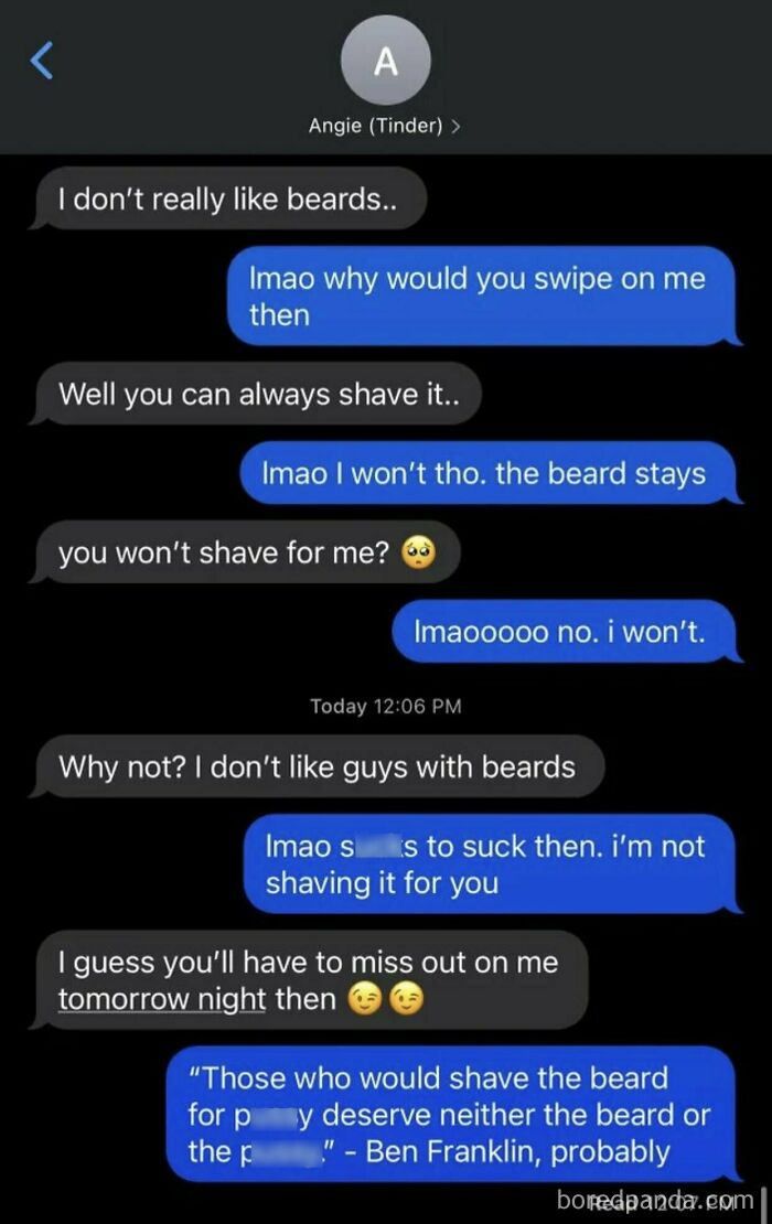 A text message conversation showing a disagreement over dating standards regarding a man's beard.