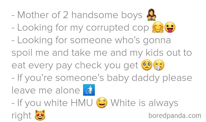 A dating app bio displaying a list of demanding dating standards, including specific preferences and financial expectations.