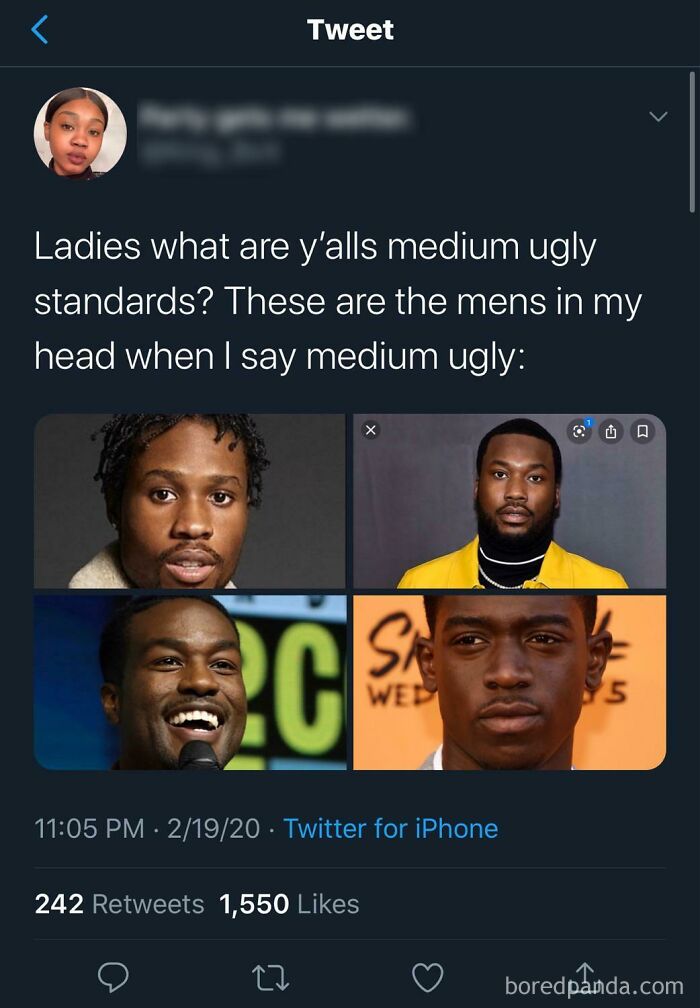 A tweet questioning dating standards with images of four men, prompting discussion on perceived attractiveness.