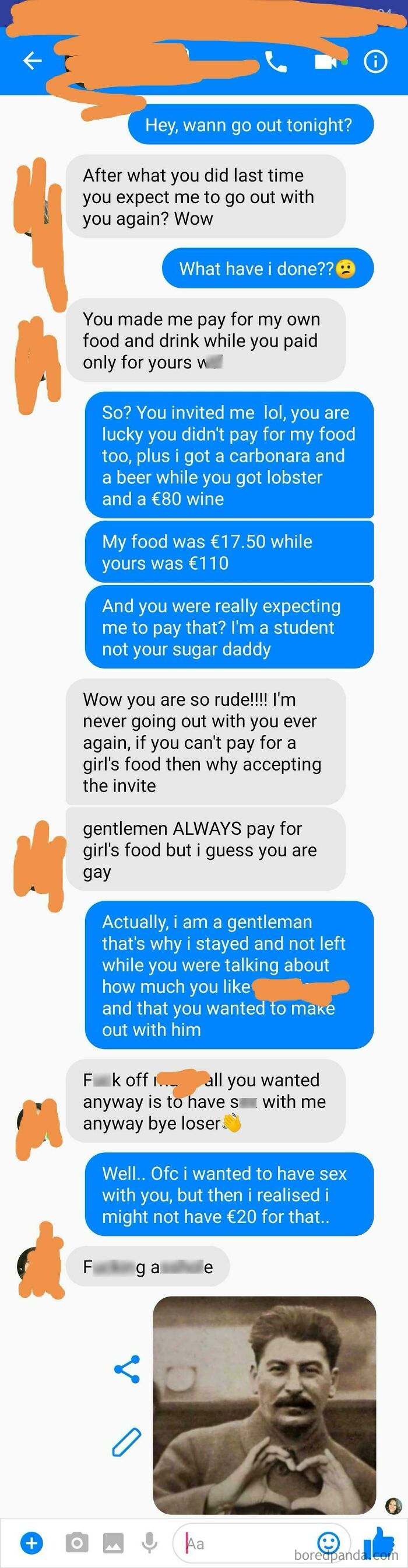 A text message conversation shows a man and woman discussing dating standards related to paying for meals.