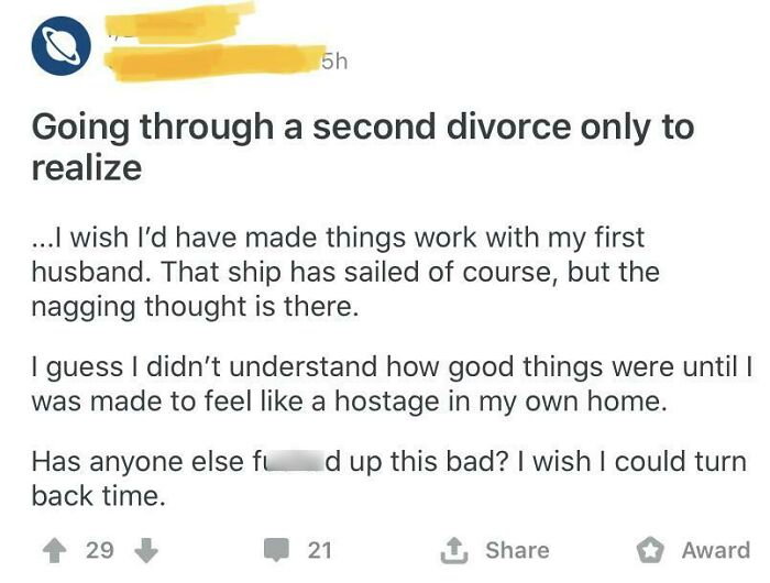 A social media post discusses a woman's dating standards after experiencing a second divorce.