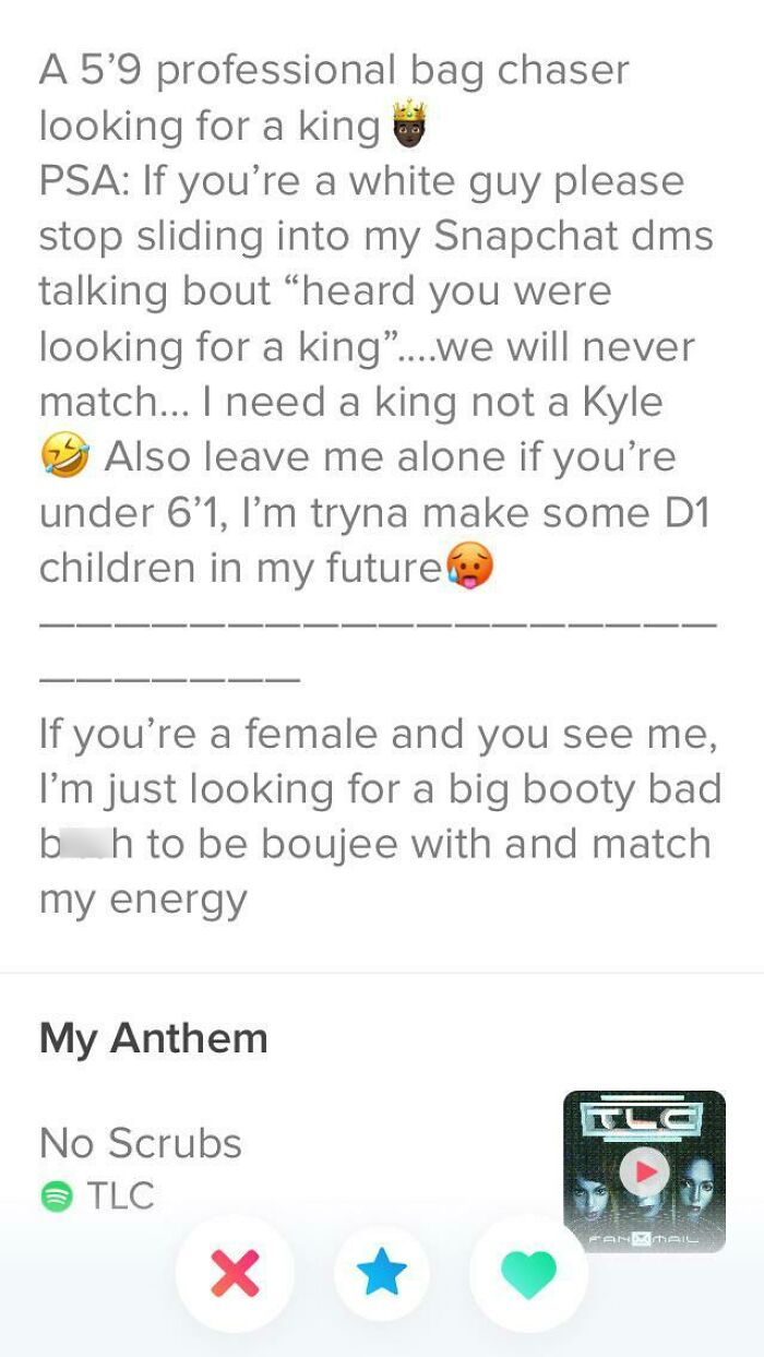 A dating app bio lists high dating standards for a man, including height and specific attributes.
