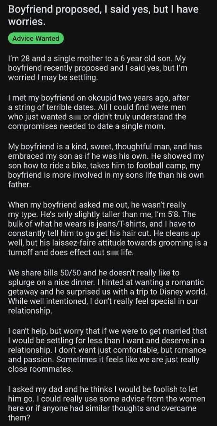 An advice-wanted post about a woman's dating standards, feeling her boyfriend isn't meeting them despite his kindness.